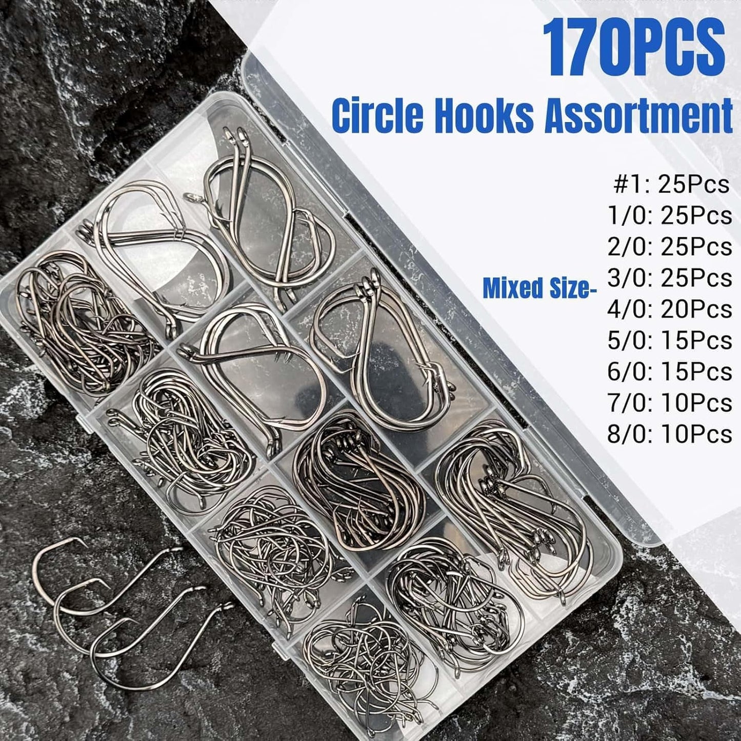 170Pcs Circle Hooks Set, Sturdy Offset Catfish Circle Fishing Hooks Barbed Octopus Fish Hook Saltwater&Freshwater 9 Sizes Assorted 1# 1/0 2/0 3/0 to 8/0