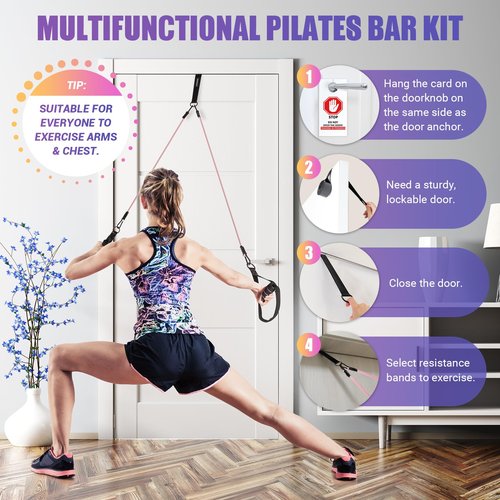 Pilates Bar Kit with Resistance Bands, 3-Section Pilates Bar with Clear Scale & Adjustable Metal Buckle, Durable Carabiner, Pilates Bar Kit for Women Full-Body Workout - Black