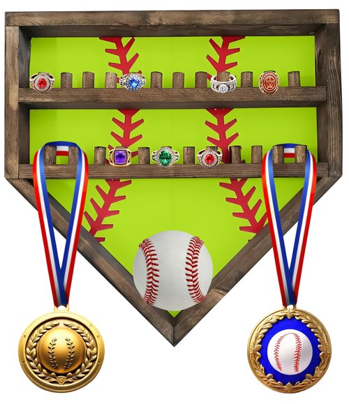 Baseball Championship Ring Display Case, Softball Football Basketball Ring Holder Wood, 24 Ring Posts, Sports Medal Wall Mount Display Box for Men Boy (Bright Green)