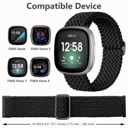 Maledan Sport Elastic Band Compatible for Fitbit Sense/Versa 3/Fitbit Versa 4/Sense 2 Bands Men Women, Breathable Nylon Stretchy Solo Loop Replacement Bands for Versa 3/ Versa 4, Black