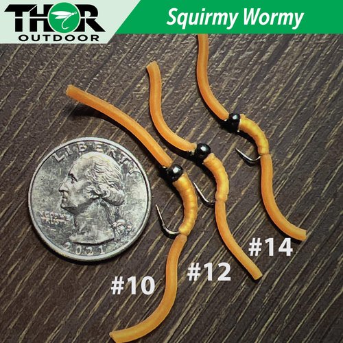 Thor Outdoor 6 Pc Squirmy Wormy Set, Tan Size #14 - Barbless Wet Worm Fly Fishing Flies for Trout, Panfish, Bass