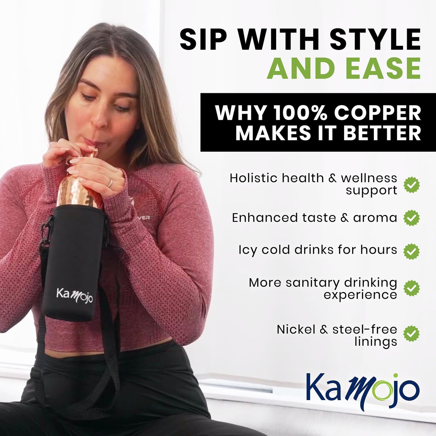 Kamojo Copper Water Bottle for Drinking - Hammered 100% Pure Copper Tumbler with Leak Proof Lid, Removable Insulating Sleeve & Straw - Handcrafted Ayurvedic Cup for Water 32 fl oz