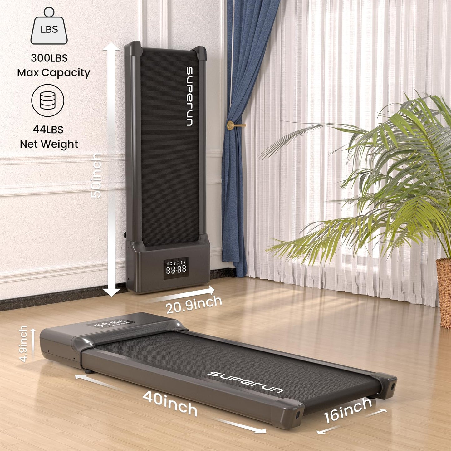 Superun SupeRun Under Desk Treadmill, Walking Pad, Portable Treadmill with Remote & APP Control and LED Display, Quiet Walking Jogging Machine for Office Home Use (Black02)