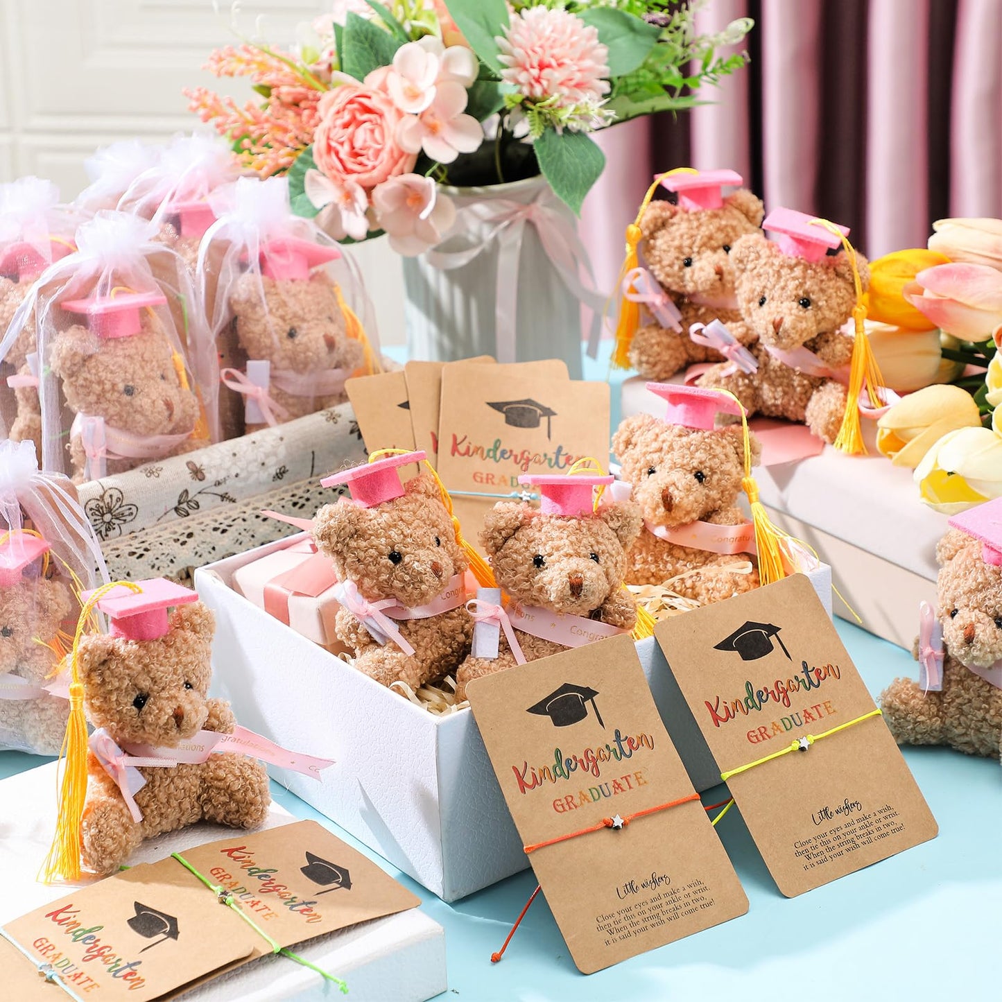 Motionchic 50 Pcs 2026 Kindergarten Graduation Bear Bulk Set with 25 Graduation Gift Mini Stuffed Bears 25 Wish Bracelet Organza Bag Card for Kid Child Kindergarten Class of 2026 Party Favors(Pink)