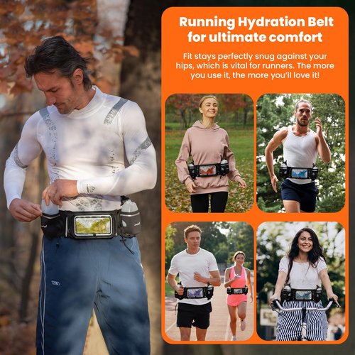 No.1 Hydration Belt by Runtasty - Premium Running Fuel Belt w/2 BPA-Free 10 oz Water Bottles, Tilt-Up Pocket w/Touchscreen-Ready Cover - Fits All iPhones, Runners Ebook & No-Bounce Design