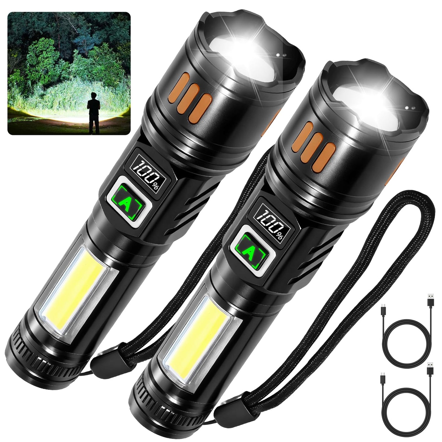 AYL Rechargeable Flashlights 2 Pack, Super Bright High Lumens Flash Light, 6 Modes Zoomable Linternas with LCD Display, High Powered Handheld LED Flashlights for Home, Emergencies, Camping