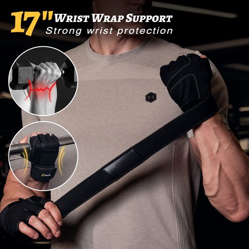 Glofit Workout Gloves with Wrist Wrap Support for Women & Men, Weight Lifting Gloves Fingerless Gym Gloves for Cycling, Training, Push-up (Black, L)