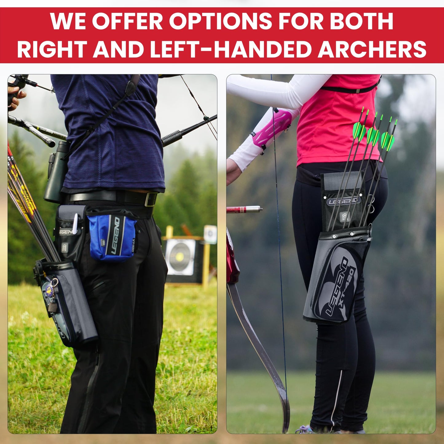 Legend XT420 Arrow Quiver - Quiver Arrow Holder, Archery Quiver with 3 Arrow Tube, Durable Nylon Hip Quivers with Multiple Pockets for Archery Accessories, Score Card & Tools - Right Handed, Grey