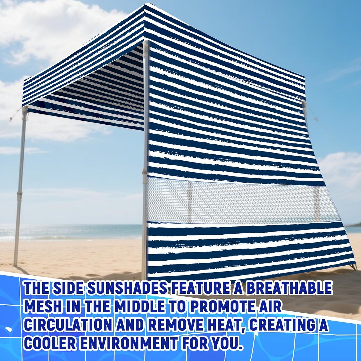 2 Pcs 6x6 Inch Beach Cabana Sidewall with Sand Pockets, Waterproof Portable Beach Shelter, Easy to Set up Canopy, Shade with UPF 50+ UV Protection for Kids Family Friends(Sailor Stripes)
