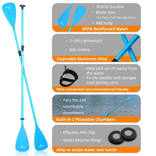 LEDONNE SUP Paddle 4-Piece Adjustable Stand Up Paddle Floating Lightweight Portable Kayak Paddle Paddleboard Oar with Aluminum Alloy Shaft, 2 Nylon Blades, Hook&Loop, Drip Ring, Blue