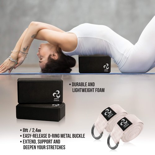 Pete's Choice 2 Yoga Blocks + 2 Yoga Straps - Starter Kit for Beginners, Ideal for Home Indoor Exercises