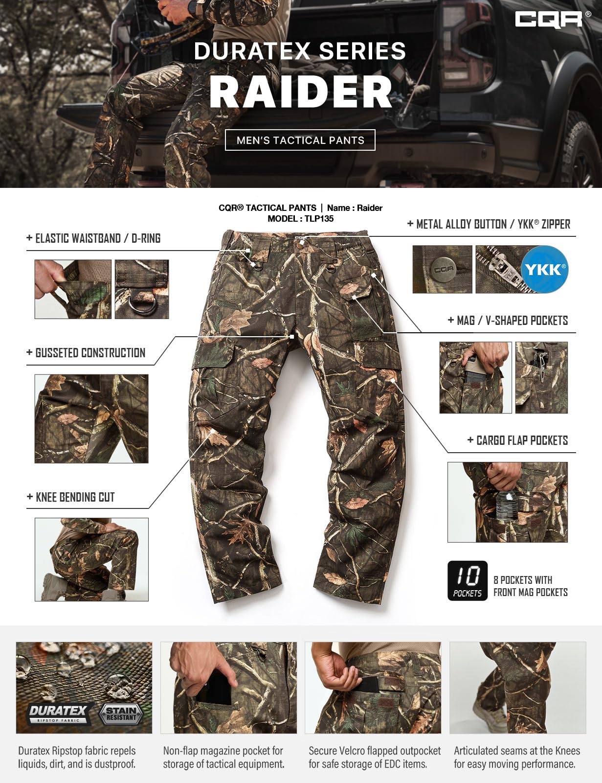 CQR Men's Tactical Pants, Water Resistant Ripstop Cargo Pants, Lightweight EDC Work Hiking Pants, Outdoor Apparel, Duratex Mag Pocket Print Hunting Camo, 46W x 30L