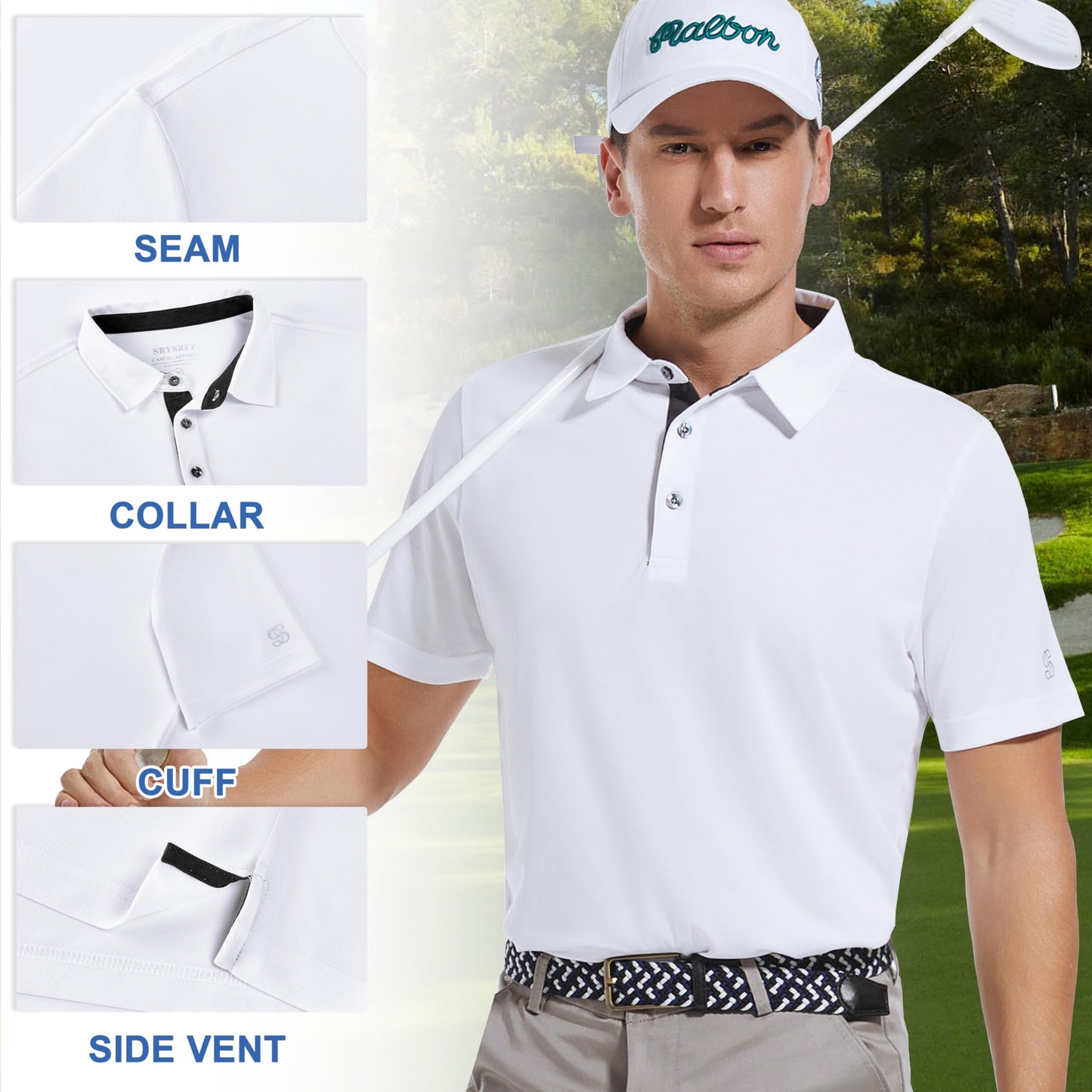 Srysrfp Mens Pique Polo Shirts for Men Short Sleeve Performance Moisture Wicking Quick Dry Casual Sport Collared Men’s Golf Shirts, L White