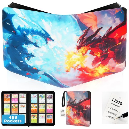 LZSIG Card Binder 9-Pockets, 468 Premium Zip Trading Cards Holder Folders Writable Tag, Side-Loading Collector Album with No Rings, Acid-free Storage Book for TCG, MTG, YuGiOh, Game & Sports Cards