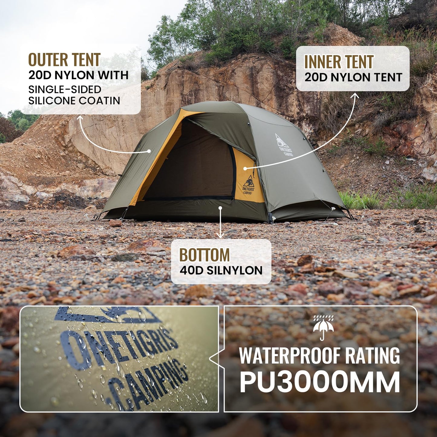 OneTigris Stella 4 Season Camping Tent Backpacking 2 Person Waterproof Lightweight Easy Setup Instant 3000mm Waterproof Rating Outdoor Hiking Tent