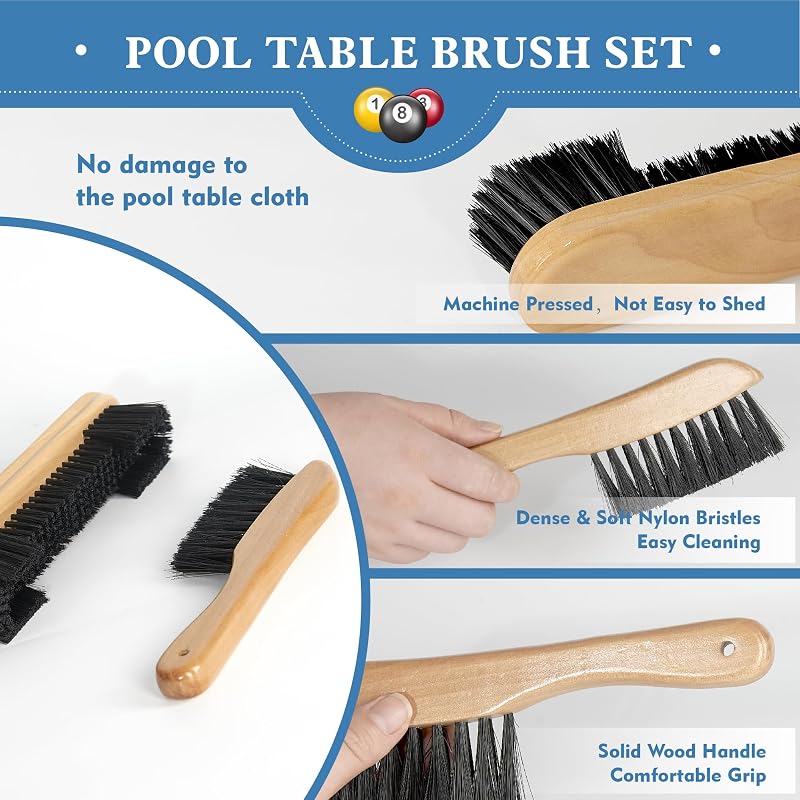 LAKINGO 12 Kit Pool Table Brush Set with 2 Wooden Brushes, Cloths, Lint Roller & Storage Bag – Natural+12