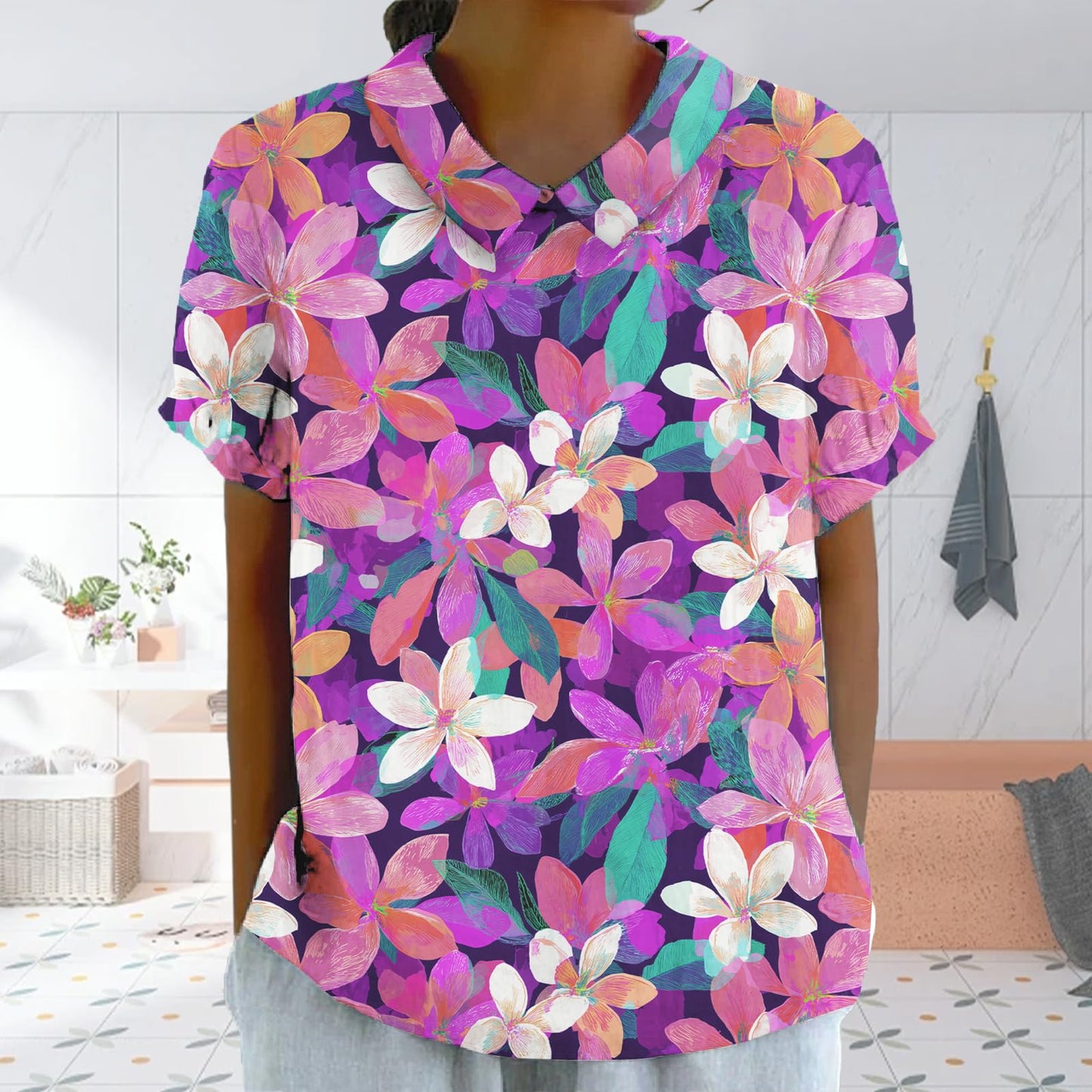 Summer Hawaiian Style Casual Shirts for Women Comfy Lightweight Short Sleeve Tee Flowy Collared Neck Trendy Top
