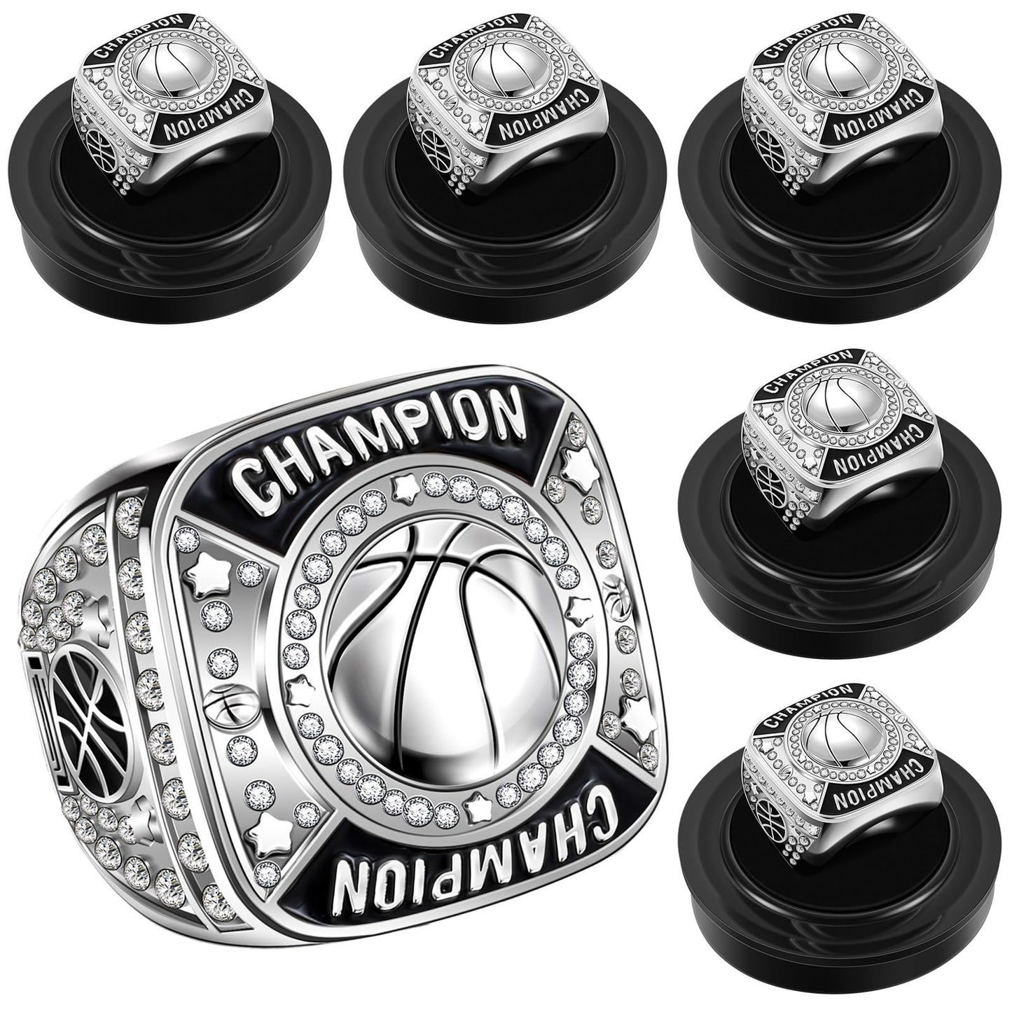 Remuuly 6 Pcs Basketball Championship Rings Basketball Champion Trophy Rings Award Gift Prize with Display Neck Chain and Stand for Tournament or Champion Winner(Gold)