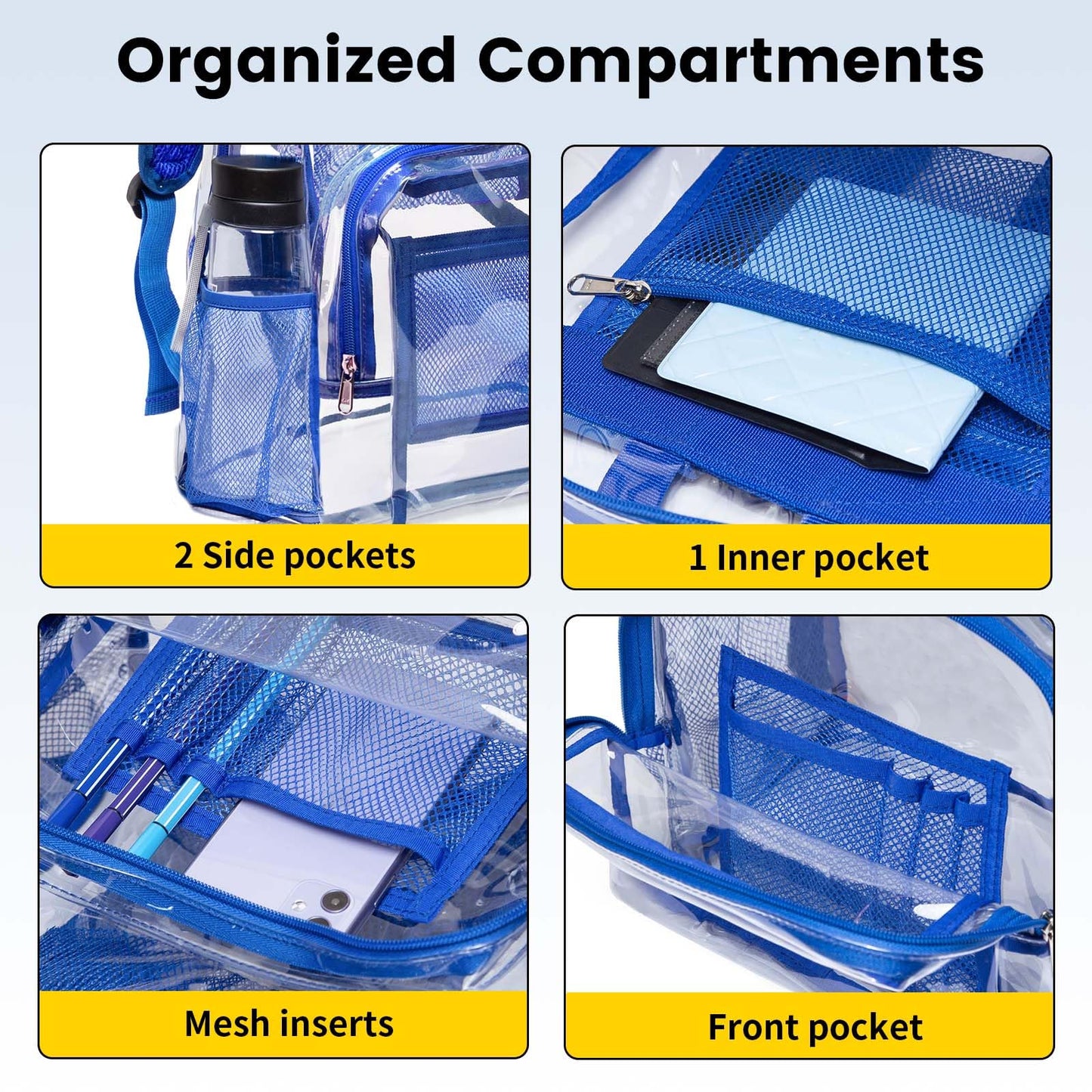Vorspack Clear Backpack Heavy Duty PVC Transparent Backpack with Reinforced Strap Stitches & Large Capacity for College Workplace Security -Blue