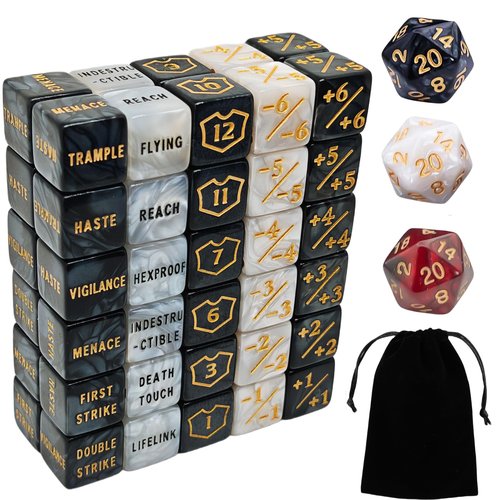 63 PCS MTG Counter Dice Set - AbilityKeyword Counters, -1/+1 Life Counter, Shield Life Counter Dice, Creature Stat Buffs, Marble Colour D6 Cube Dice, for MTG, TCG, Card Games (Includes Black Bag)