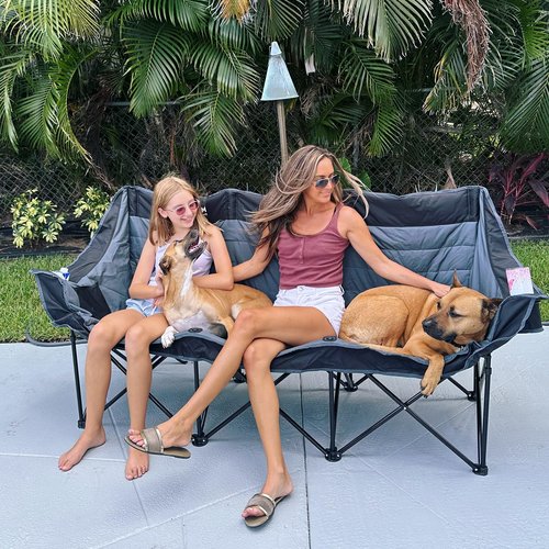 Huskfirm 3 Person Camping Chairs Folding Double Camping Chair Portable Oversized Loveseat Padded Camp Chair Heavy Duty Camping Couch for Adults Outdoor Lawn with Two Cup Holders and Carry Bag