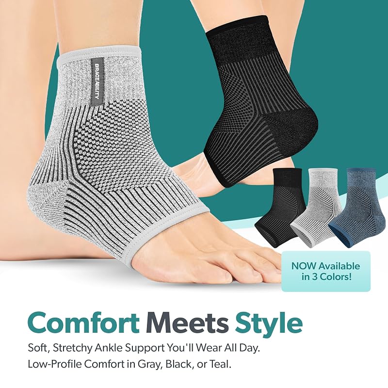 BraceAbility Ankle Compression Sleeve for Peroneal Tendonitis & Plantar Fasciitis – Gray, L/XL