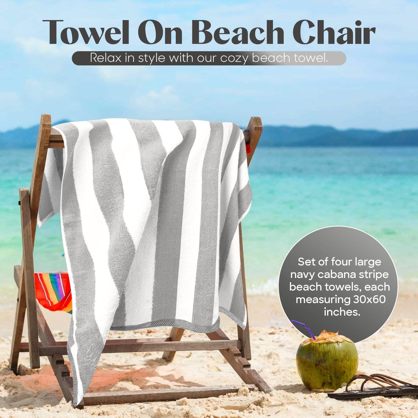 Bliss Casa Beach Towels — 4 Pack, 30 x 60 in — Premium Cotton-Rich Blend, Soft, Absorbent & Quick-Dry Pool Towels, Oversized Cabana Stripes Pool Towel