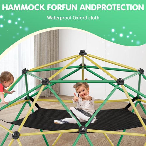 Climbing Dome,10FT Dome Climber with Hammock, Outdoor Play Equipment for 3 to 10 Children, Supports Jungle Gym up to 1,000 lbs, Rust Resistant, Easy to Assemble, Gift for Kids, Green+Yellow