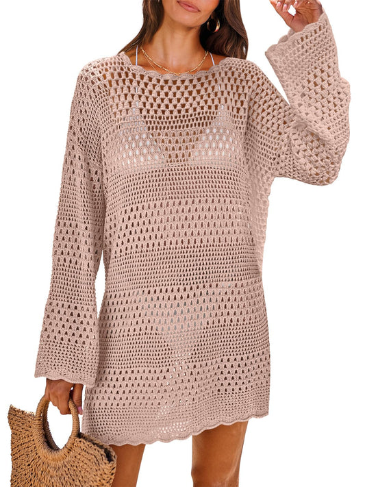 ANRABESS Women Swimsuit Crochet Swim Cover Up 2026 Summer Bathing Suit Swimwear Mesh Knit Beach Dress Vacation Outfits Pink Large