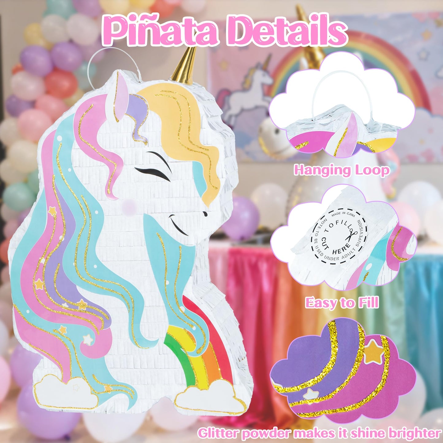 PCFING 20 Inch Unicorn Piñata with 30 Inch Piñata Stick Blindfold Confetti for Boy Girl Fantasy Princess Birthday Party Game Decorations, Anniversary Celebration, Fiesta