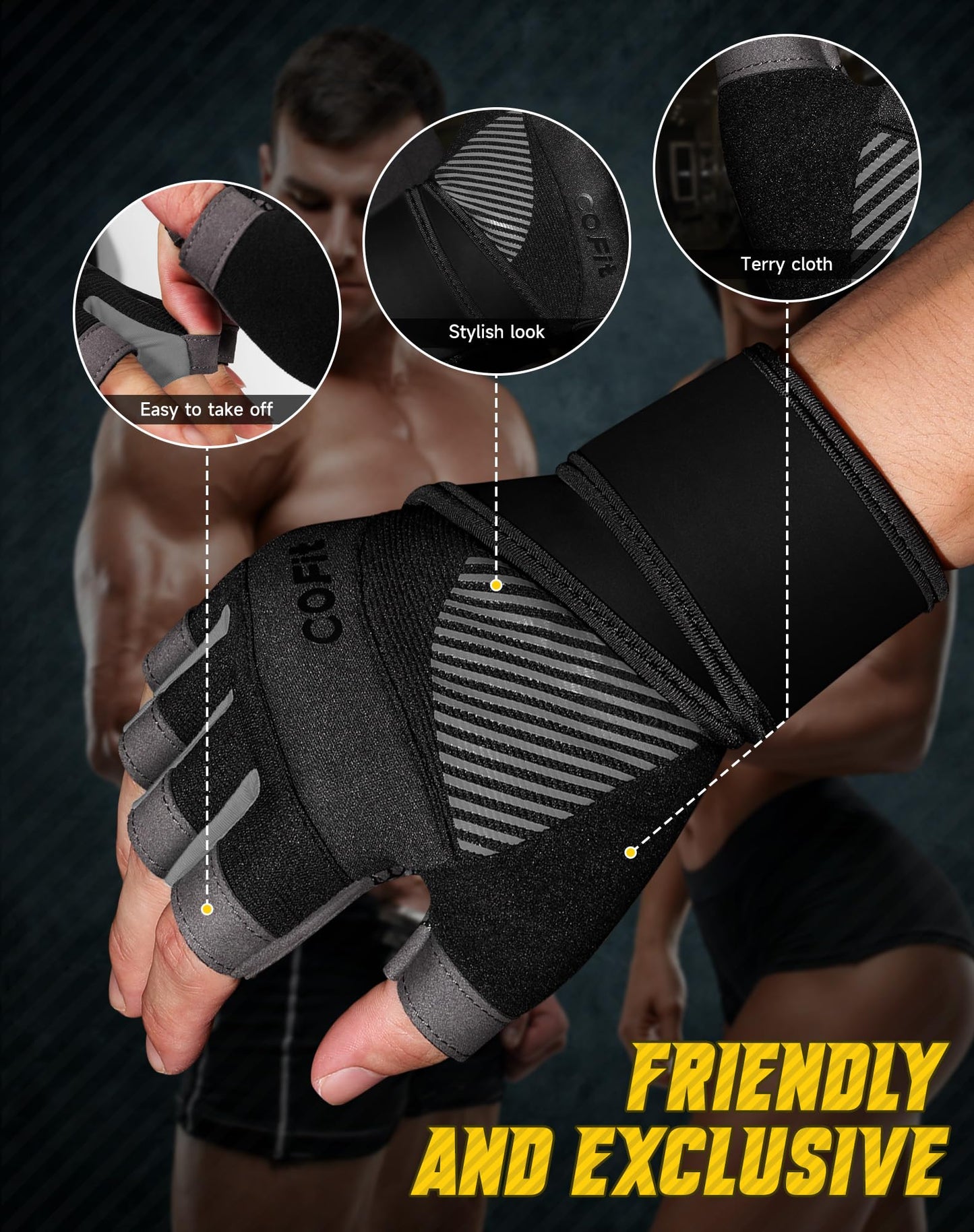 COFIT Breathable Workout Gloves, Antislip Weight Lifting Gym Gloves for Men Women with Wrist Wrap Support, Superior Grip & Palm Protection for Weightlifting, Fitness, Exercise, Training - Black XL