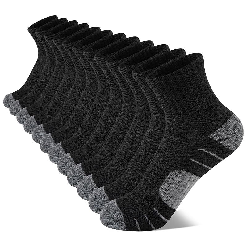 12 Pairs Boys Athletic Socks Cushioned Quarter Crew with Arch Support – Var: 12 Pairs Black, 7-10 Years
