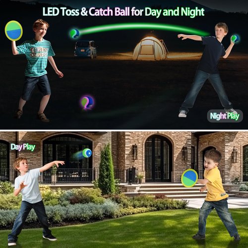 Raditoss LED Toss and Catch Ball Set, Glow-in-The-Dark & Daytime Play with Rechargeable Multi-Color Flashing Light-Up Balls, Indoor & Outdoor Toy for Kids, Toddlers & Adults Fun, 2 Paddles & 2 Balls