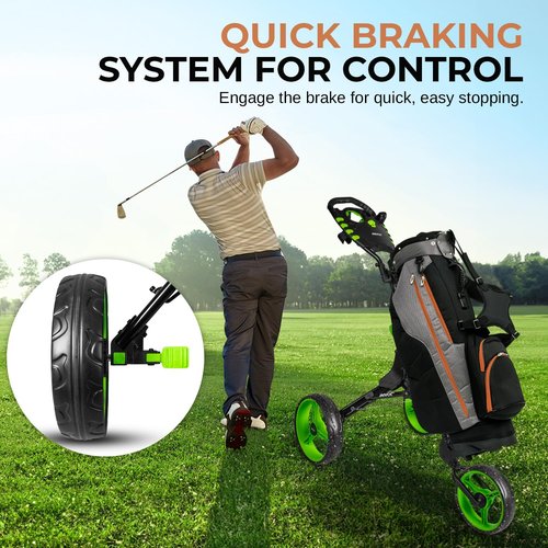 JOVIAL 3 Wheel Golf Push Cart - Lightweight Aluminum Frame, Ergonomic Handle, Deluxe Scorecard Holder, Easy Folding and Unfolding, Foot Brake, Patented Bag Holder, Ample Storage for Gear