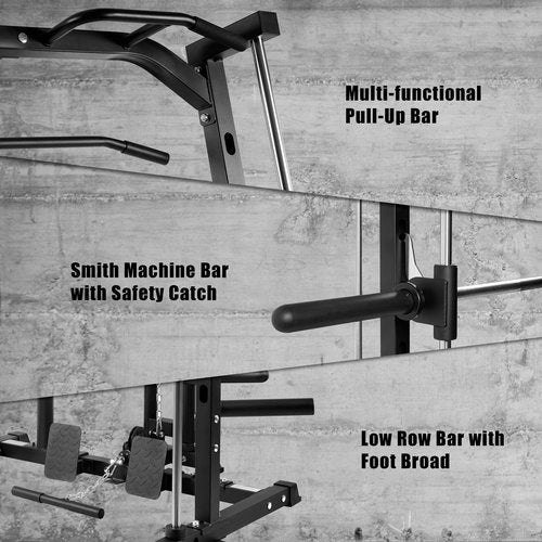 RitFit Smith Machine Power Rack with LAT-Pull Down System, Landmine, Barbell Bar, Plate Storage Pegs and More Training Attachment (Smith Machine 1.0), Black