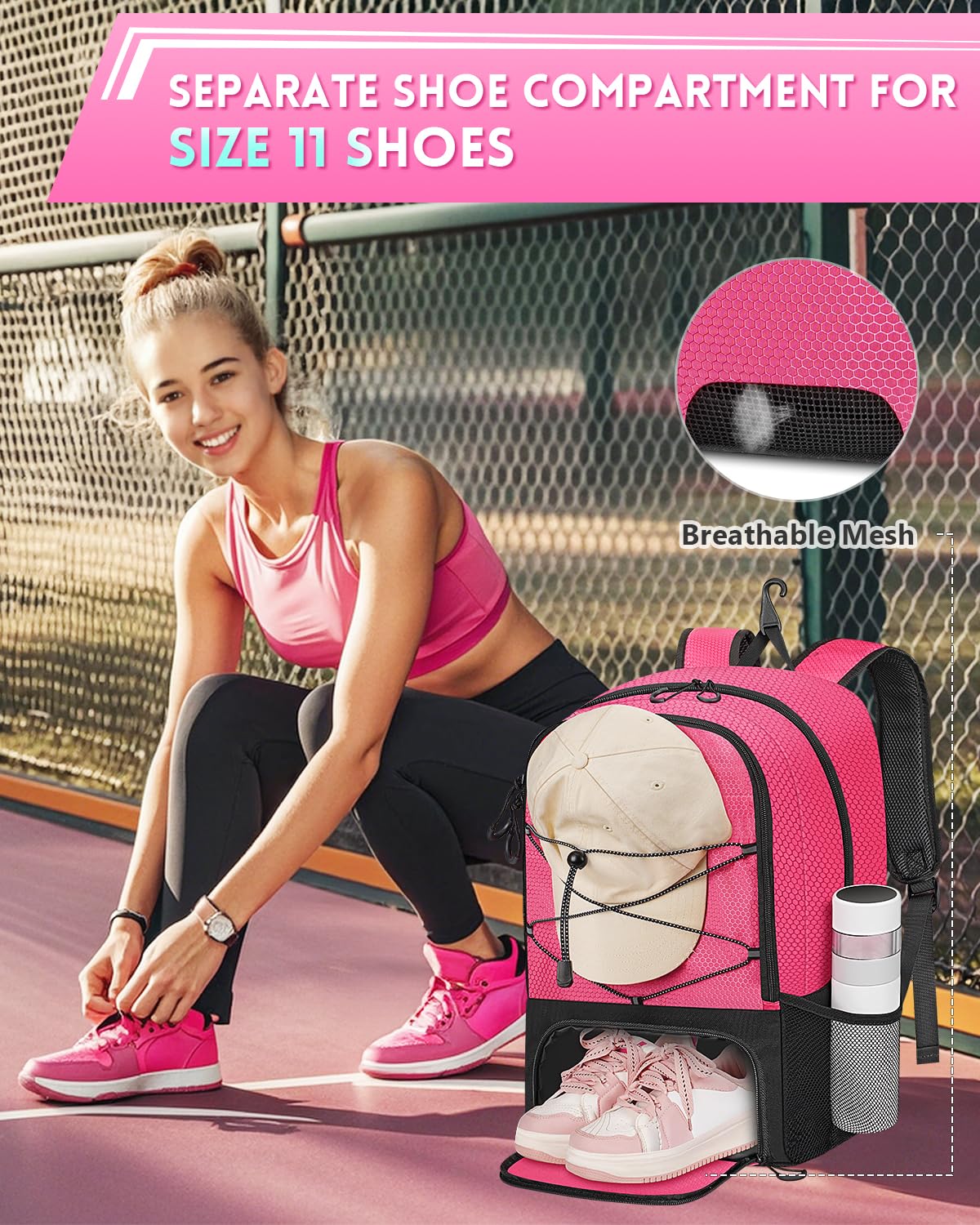 MATEIN Girls Soccer Backpack, Large Basketball Bag with Ball Holder & Shoe Compartment for Tournament & Game Day, Lightweight Youth Sports Bag with Fence Hook Fits 15.6 Inch Laptop, Soccer Team Gifts