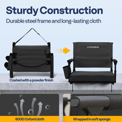 VIVOHOME Stadium Seats with Back Support and Cushion, 2 Pack Portable Bleacher Chairs with Cup Holder and Shoulder Strap, Black