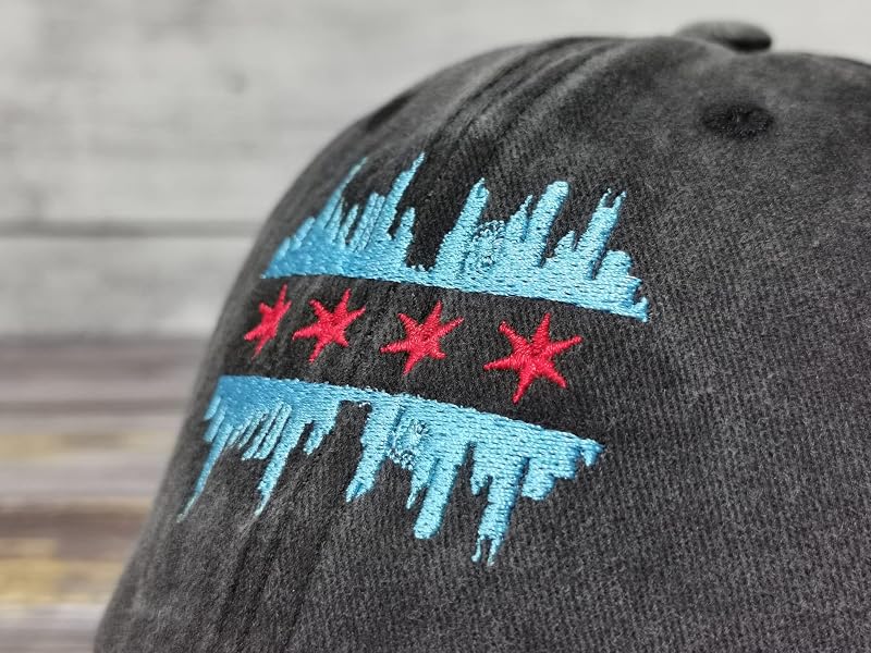 Chicago Illinois Skyline Flag Baseball Cap - Washed Black, Unisex, One Size