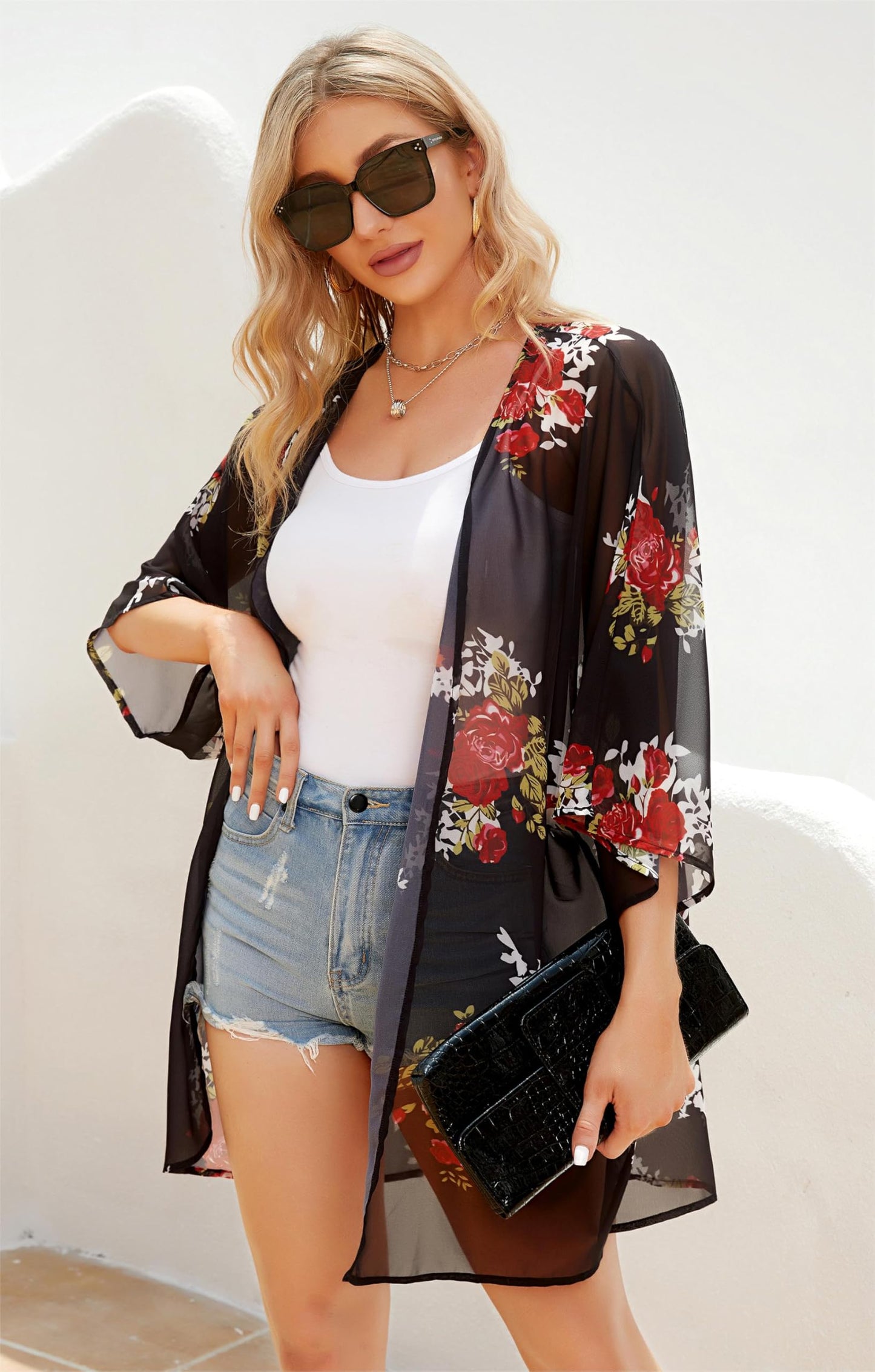 Women's Kimono Floral Cardigan Print Puff Cover Up Casual Blouse Summer Tops (Colorful Gilt, M)
