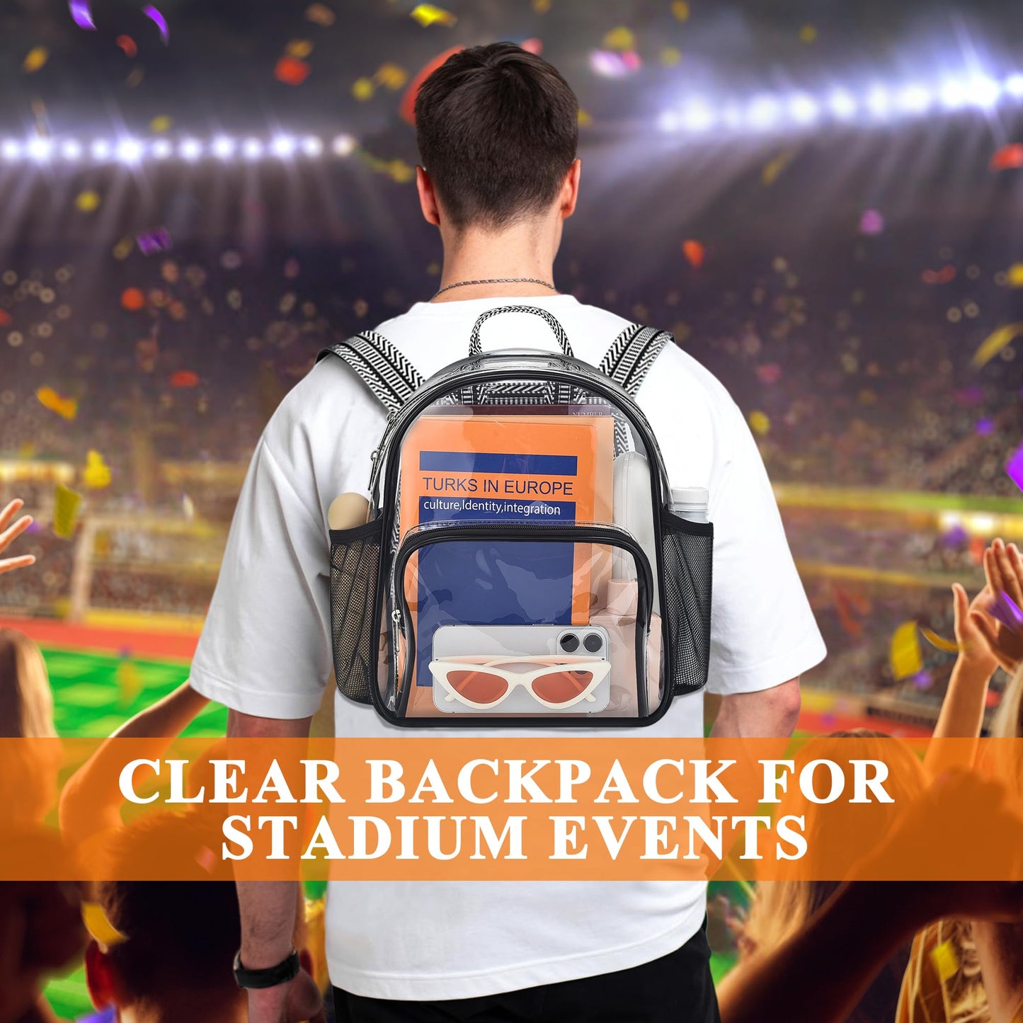 Lyingflat Clear Bag for Stadium Events 12x12x6 Small Clear Backpack Stadium approved for Festival Concert Sport Events Work Travel, Black Guitar