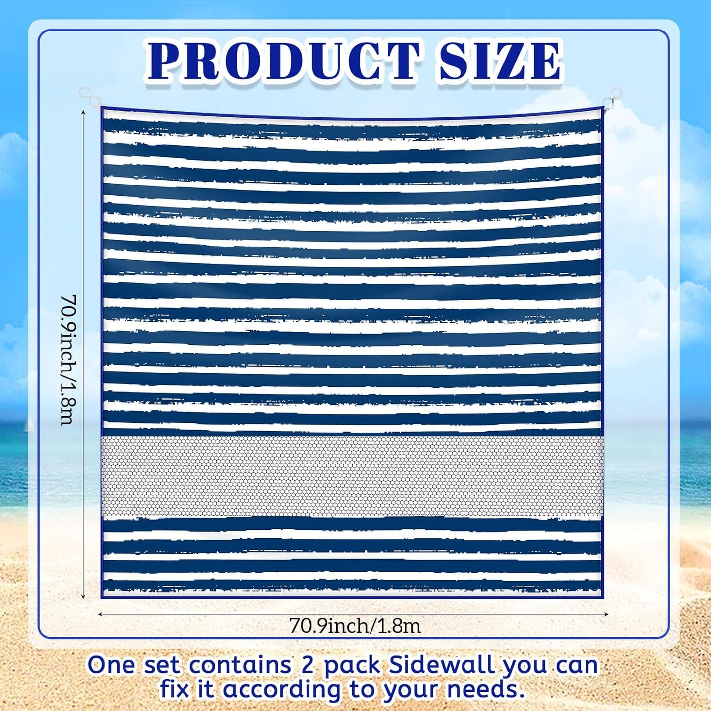 2 Pcs 6x6 Inch Beach Cabana Sidewall with Sand Pockets, Waterproof Portable Beach Shelter, Easy to Set up Canopy, Shade with UPF 50+ UV Protection for Kids Family Friends(Sailor Stripes)
