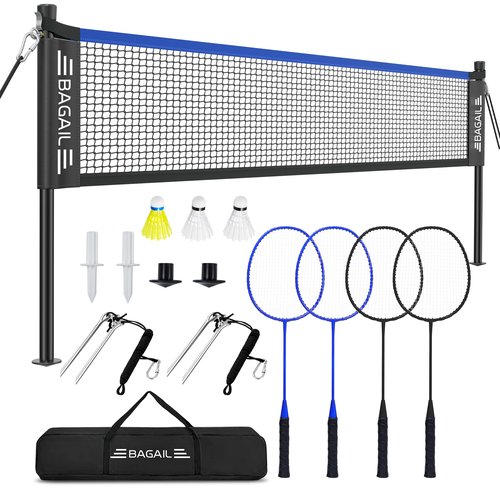BAGAIL Outdoor Badminton Net Set with Anti-Sag Winch System - Official Size 20ft x 5ft, 4 Rackets, 3 Shuttlecocks, Durable PE Net & Carry Bag for Backyard, Beach, Family Games - Blue