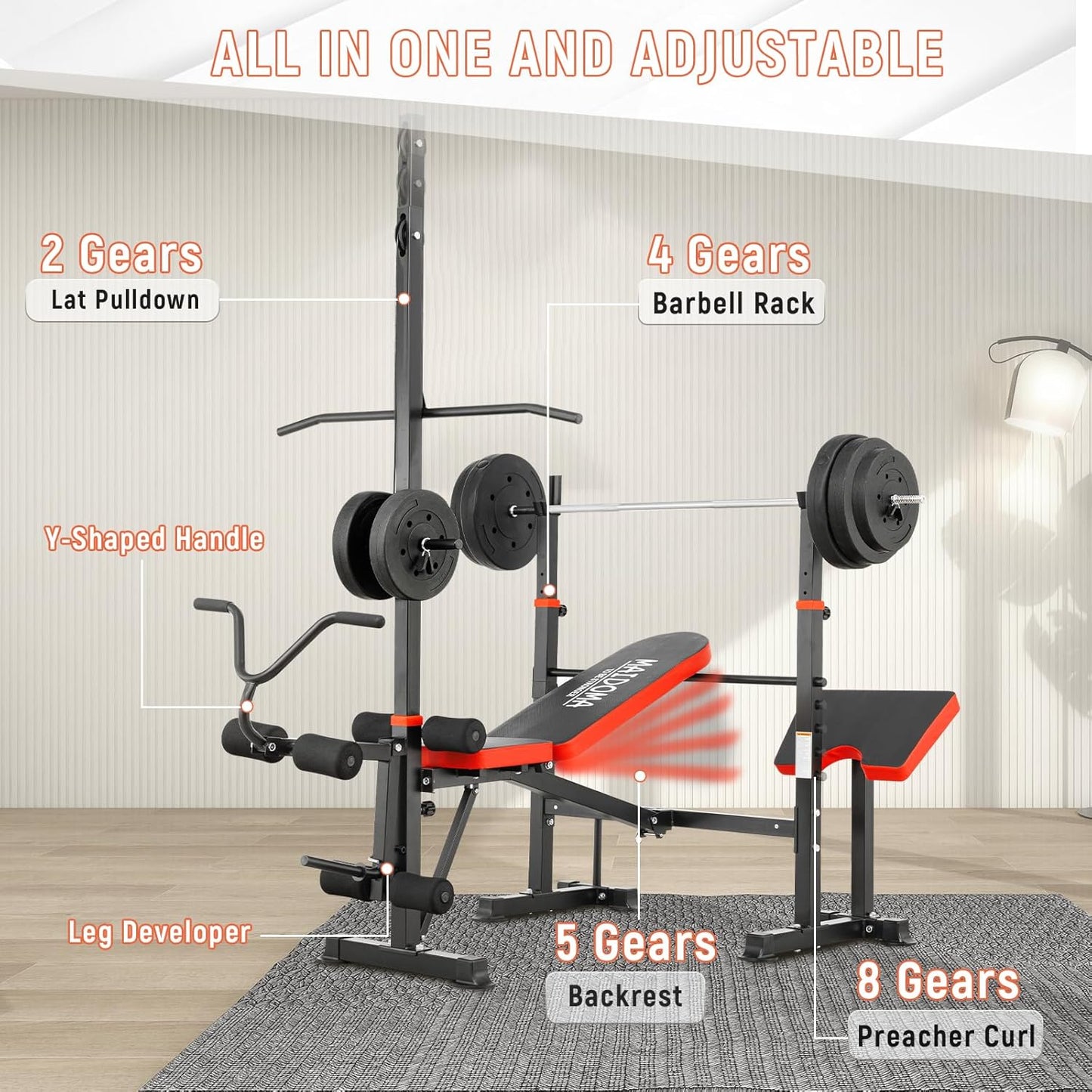 1500LBS 8 in 1 Olympic Weight Bench Set with Leg Extension/Curl and Preacher Curl, Bench Press Set and barbell Rack with Safety Bar Catches, Foldable Workout Benches for Home(US Stock)