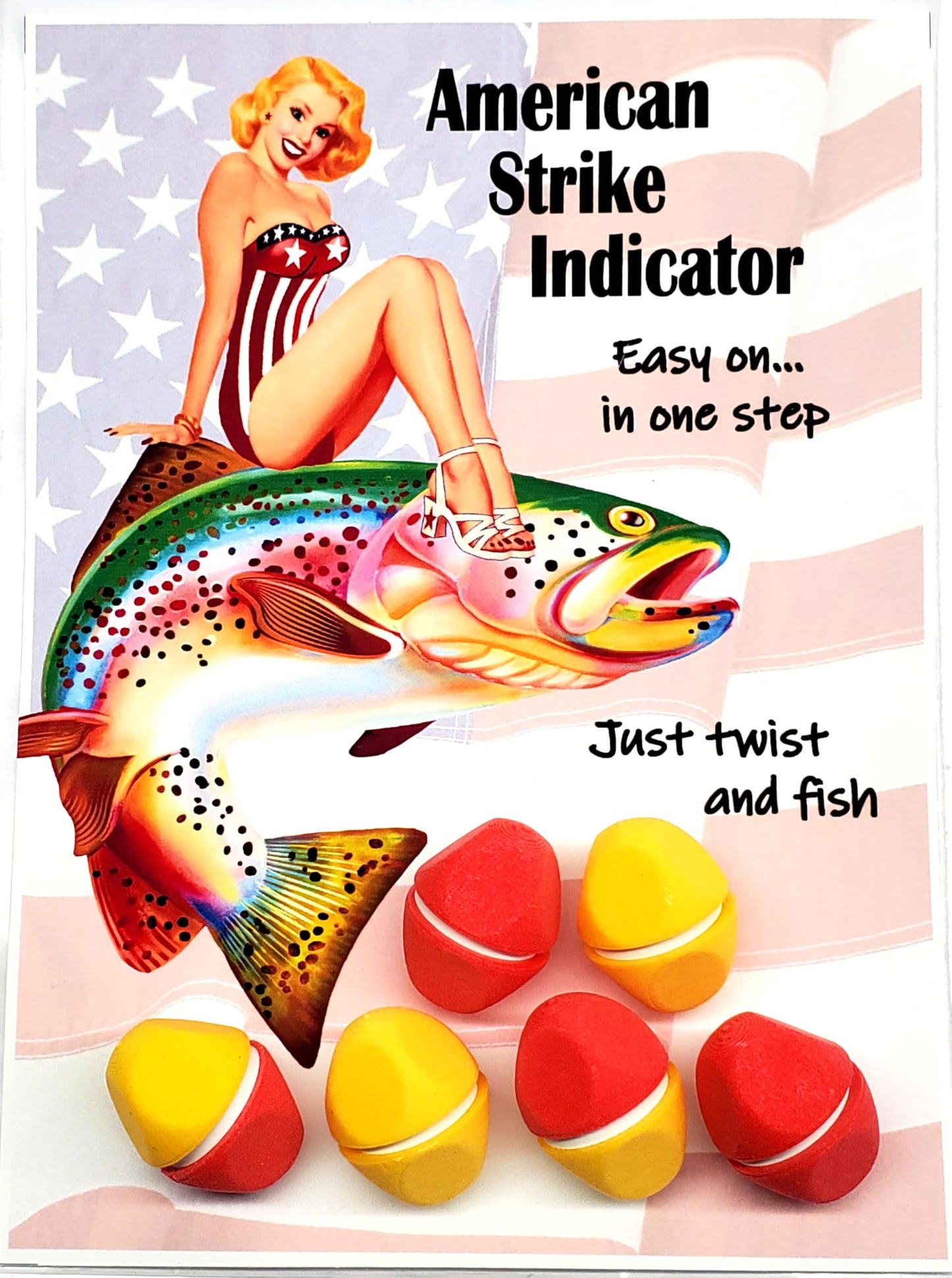 American Strike Indicator Fly Fishing Float. Unified Design. No Need to take Apart: Just Insert Line, Twist and Fish. Zero Parts to Drop and Lose. Tactile Finger-Grip Shape. Red and Yellow 6 pack