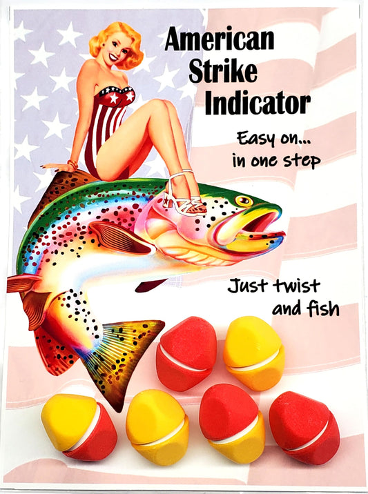 American Strike Indicator Fly Fishing Float. Unified Design. No Need to take Apart: Just Insert Line, Twist and Fish. Zero Parts to Drop and Lose. Tactile Finger-Grip Shape. Red and Yellow 6 pack