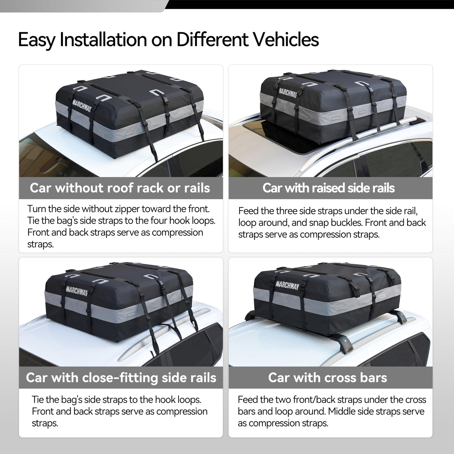 MARCHWAY Waterproof Car Roof Luggage Bag, Weatherproof Soft Shell Rooftop Cargo Carrier Bag for Vehicles with or Without Rack. 6 Door Hooks, Anti Slip Mat, Lock Included (15 Cubic Feet, Black)