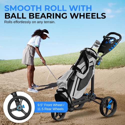 SereneLife 3 Wheel Golf Push Cart ??Lightweight, Foldable, Collapsible, Adjustable Handle, Golf Caddy Accessories, Built-In Cooler Storage/ Scorecard/ Cup Holders, Compact for Travel