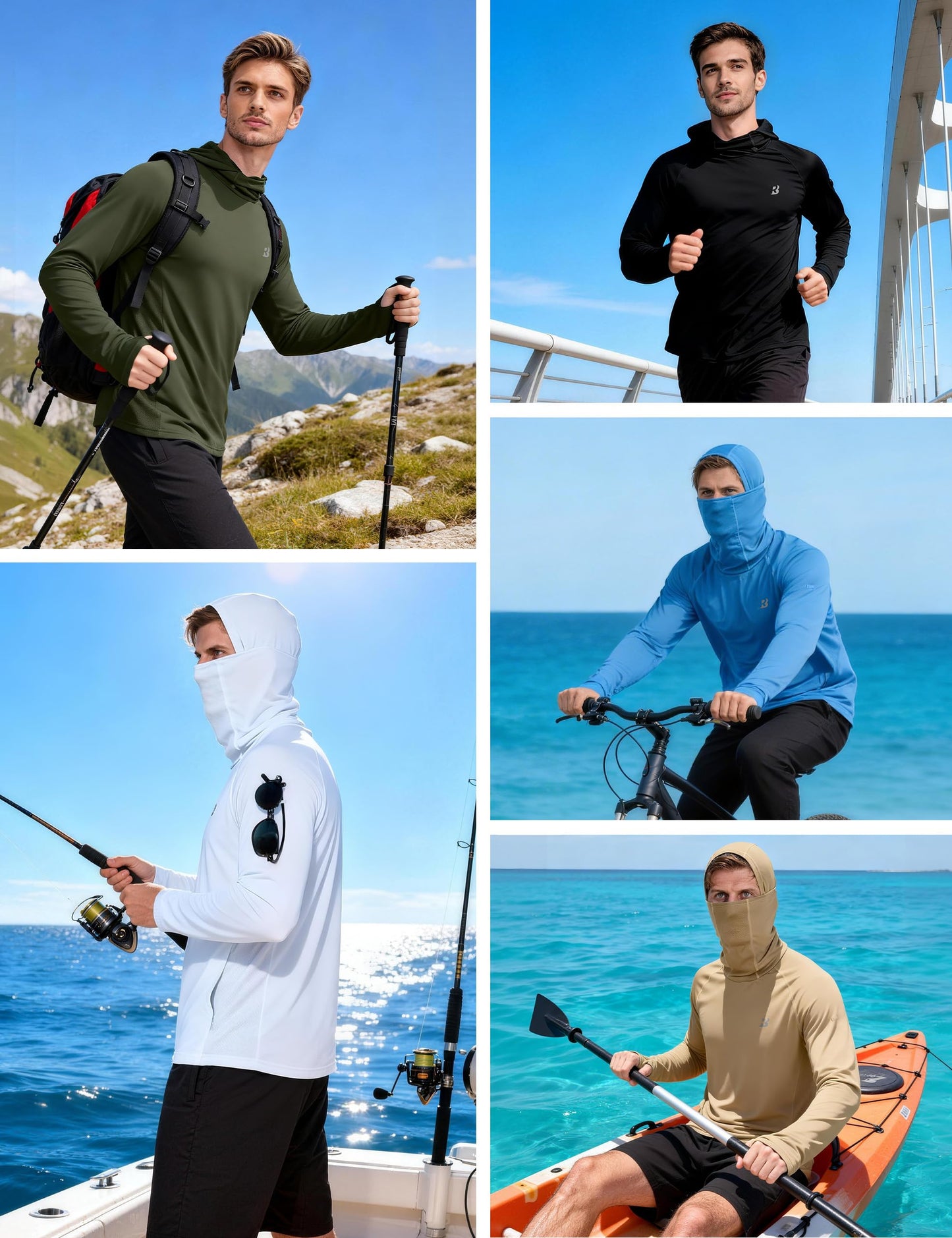 Roadbox Mens UPF 50+ Sun Protection Hoodie, Long Sleeve Fishing Shirt with Mask, Lightweight UV SPF Hooded for Hiking Running