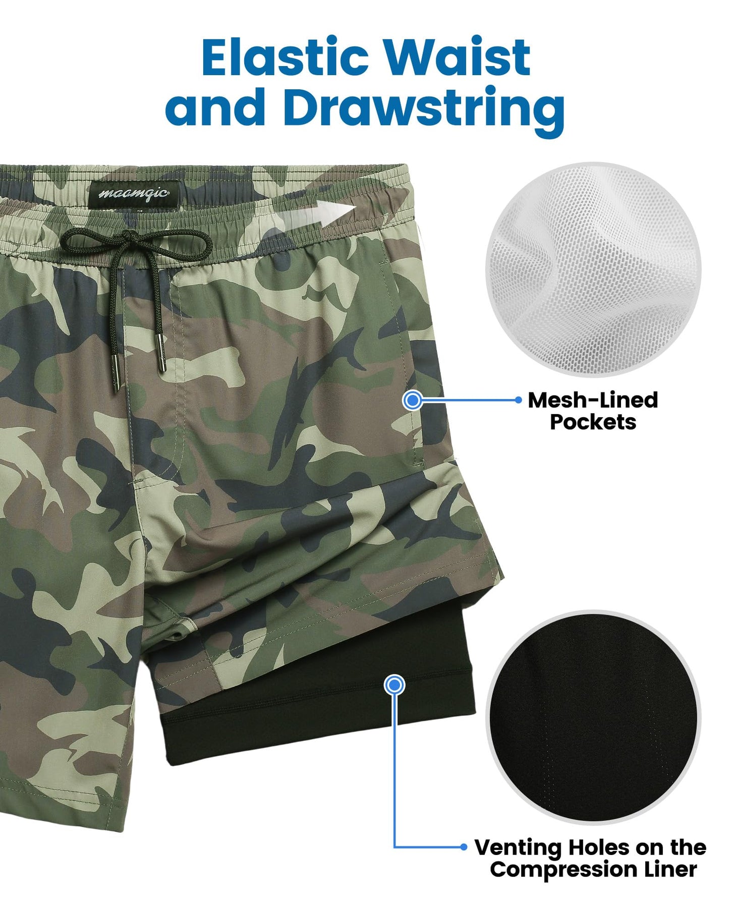 maamgic Mens Swim Trunks with Compression Liner 7 Inch Inseam Mens Bathing Suit Quick Dry Swimming Trunks Swimsuit Camo X-Large
