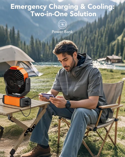 CAMPERFECT Camping Fan Rechargeable, 20000mAh Battery Powered Portable Fan with LED Light & Hanging Hook, 4 Speeds Quiet Outdoor Fans for Tent, Travel, Emergency, BBQ, and Home Use (Orange)